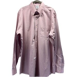 Brooks Brothers Men Dress Shirt 17 35 Regent Pink Stripe Button Up Long Sleeve